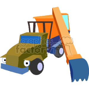 The clipart image depicts a cartoonish front loader, which is a type of heavy construction equipment. It has an articulated arm with a large bucket at the end, commonly used for moving earth or other materials in construction sites.