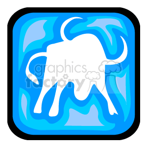 The clipart image depicts the astrological symbol for Taurus, one of the twelve signs of the zodiac. The symbol is stylized as a white silhouette of a bull within a square frame featuring a swirly blue pattern.