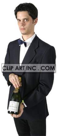 A Man in a Waiter Uniform Holding a Bottle Ready to Serve clipart.