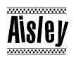 The image is a black and white clipart of the text Aisley in a bold, italicized font. The text is bordered by a dotted line on the top and bottom, and there are checkered flags positioned at both ends of the text, usually associated with racing or finishing lines.