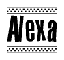 The image is a black and white clipart of the text Alexa in a bold, italicized font. The text is bordered by a dotted line on the top and bottom, and there are checkered flags positioned at both ends of the text, usually associated with racing or finishing lines.
