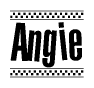 The image contains the text Angie in a bold, stylized font, with a checkered flag pattern bordering the top and bottom of the text.