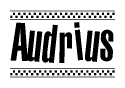 The image contains the text Audrius in a bold, stylized font, with a checkered flag pattern bordering the top and bottom of the text.