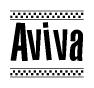 The image is a black and white clipart of the text Aviva in a bold, italicized font. The text is bordered by a dotted line on the top and bottom, and there are checkered flags positioned at both ends of the text, usually associated with racing or finishing lines.