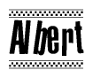 The clipart image displays the text Albert in a bold, stylized font. It is enclosed in a rectangular border with a checkerboard pattern running below and above the text, similar to a finish line in racing. 