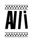 The image contains the text Alli in a bold, stylized font, with a checkered flag pattern bordering the top and bottom of the text.