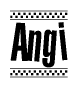 The image contains the text Angi in a bold, stylized font, with a checkered flag pattern bordering the top and bottom of the text.