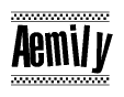 The clipart image displays the text Aemily in a bold, stylized font. It is enclosed in a rectangular border with a checkerboard pattern running below and above the text, similar to a finish line in racing. 