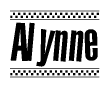 The image contains the text Alynne in a bold, stylized font, with a checkered flag pattern bordering the top and bottom of the text.