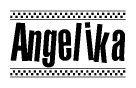 The image is a black and white clipart of the text Angelika in a bold, italicized font. The text is bordered by a dotted line on the top and bottom, and there are checkered flags positioned at both ends of the text, usually associated with racing or finishing lines.
