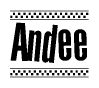 The image is a black and white clipart of the text Andee in a bold, italicized font. The text is bordered by a dotted line on the top and bottom, and there are checkered flags positioned at both ends of the text, usually associated with racing or finishing lines.