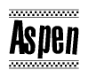 The clipart image displays the text Aspen in a bold, stylized font. It is enclosed in a rectangular border with a checkerboard pattern running below and above the text, similar to a finish line in racing. 