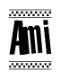 The clipart image displays the text Ami in a bold, stylized font. It is enclosed in a rectangular border with a checkerboard pattern running below and above the text, similar to a finish line in racing. 