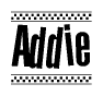 The clipart image displays the text Addie in a bold, stylized font. It is enclosed in a rectangular border with a checkerboard pattern running below and above the text, similar to a finish line in racing. 