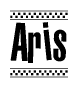 The image contains the text Aris in a bold, stylized font, with a checkered flag pattern bordering the top and bottom of the text.