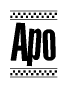 The clipart image displays the text Apo in a bold, stylized font. It is enclosed in a rectangular border with a checkerboard pattern running below and above the text, similar to a finish line in racing. 