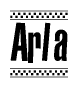 The image contains the text Arla in a bold, stylized font, with a checkered flag pattern bordering the top and bottom of the text.