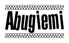 The clipart image displays the text Abugiemi in a bold, stylized font. It is enclosed in a rectangular border with a checkerboard pattern running below and above the text, similar to a finish line in racing. 