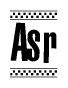 The image is a black and white clipart of the text Asr in a bold, italicized font. The text is bordered by a dotted line on the top and bottom, and there are checkered flags positioned at both ends of the text, usually associated with racing or finishing lines.