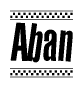 The image is a black and white clipart of the text Aban in a bold, italicized font. The text is bordered by a dotted line on the top and bottom, and there are checkered flags positioned at both ends of the text, usually associated with racing or finishing lines.