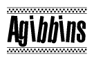 The image contains the text Agibbins in a bold, stylized font, with a checkered flag pattern bordering the top and bottom of the text.