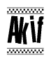The image contains the text Akif in a bold, stylized font, with a checkered flag pattern bordering the top and bottom of the text.