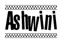 The image contains the text Ashwini in a bold, stylized font, with a checkered flag pattern bordering the top and bottom of the text.