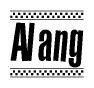 The image is a black and white clipart of the text Alang in a bold, italicized font. The text is bordered by a dotted line on the top and bottom, and there are checkered flags positioned at both ends of the text, usually associated with racing or finishing lines.