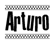 The clipart image displays the text Arturo in a bold, stylized font. It is enclosed in a rectangular border with a checkerboard pattern running below and above the text, similar to a finish line in racing. 