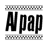 The image contains the text Alpap in a bold, stylized font, with a checkered flag pattern bordering the top and bottom of the text.