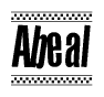 The image contains the text Abeal in a bold, stylized font, with a checkered flag pattern bordering the top and bottom of the text.