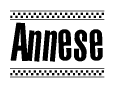 The image is a black and white clipart of the text Annese in a bold, italicized font. The text is bordered by a dotted line on the top and bottom, and there are checkered flags positioned at both ends of the text, usually associated with racing or finishing lines.