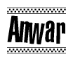 The image is a black and white clipart of the text Anwar in a bold, italicized font. The text is bordered by a dotted line on the top and bottom, and there are checkered flags positioned at both ends of the text, usually associated with racing or finishing lines.