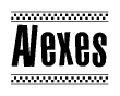 The image contains the text Alexes in a bold, stylized font, with a checkered flag pattern bordering the top and bottom of the text.