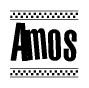 The clipart image displays the text Amos in a bold, stylized font. It is enclosed in a rectangular border with a checkerboard pattern running below and above the text, similar to a finish line in racing. 