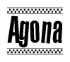 The clipart image displays the text Agona in a bold, stylized font. It is enclosed in a rectangular border with a checkerboard pattern running below and above the text, similar to a finish line in racing. 