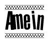 The image contains the text Amein in a bold, stylized font, with a checkered flag pattern bordering the top and bottom of the text.