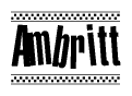 The image is a black and white clipart of the text Ambritt in a bold, italicized font. The text is bordered by a dotted line on the top and bottom, and there are checkered flags positioned at both ends of the text, usually associated with racing or finishing lines.