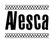 The image contains the text Alesca in a bold, stylized font, with a checkered flag pattern bordering the top and bottom of the text.