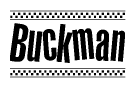 The image contains the text Buckman in a bold, stylized font, with a checkered flag pattern bordering the top and bottom of the text.