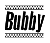 The image contains the text Bubby in a bold, stylized font, with a checkered flag pattern bordering the top and bottom of the text.