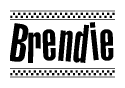 The image contains the text Brendie in a bold, stylized font, with a checkered flag pattern bordering the top and bottom of the text.