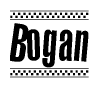 The clipart image displays the text Bogan in a bold, stylized font. It is enclosed in a rectangular border with a checkerboard pattern running below and above the text, similar to a finish line in racing. 