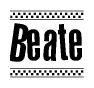 The image is a black and white clipart of the text Beate in a bold, italicized font. The text is bordered by a dotted line on the top and bottom, and there are checkered flags positioned at both ends of the text, usually associated with racing or finishing lines.