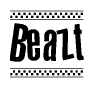 The image is a black and white clipart of the text Beazt in a bold, italicized font. The text is bordered by a dotted line on the top and bottom, and there are checkered flags positioned at both ends of the text, usually associated with racing or finishing lines.