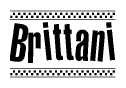 The clipart image displays the text Brittani in a bold, stylized font. It is enclosed in a rectangular border with a checkerboard pattern running below and above the text, similar to a finish line in racing. 