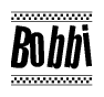 The image contains the text Bobbi in a bold, stylized font, with a checkered flag pattern bordering the top and bottom of the text.
