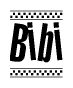 The image contains the text Bibi in a bold, stylized font, with a checkered flag pattern bordering the top and bottom of the text.