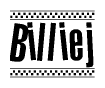 The clipart image displays the text Billiej in a bold, stylized font. It is enclosed in a rectangular border with a checkerboard pattern running below and above the text, similar to a finish line in racing. 