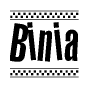 The image contains the text Binia in a bold, stylized font, with a checkered flag pattern bordering the top and bottom of the text.